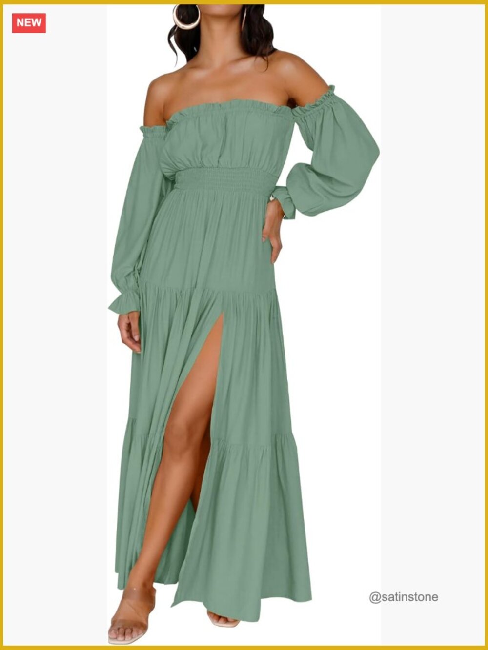 Off Shoulder Maxi Dress Side Split Flowy A-Line Long Sleeve Wedding Guest